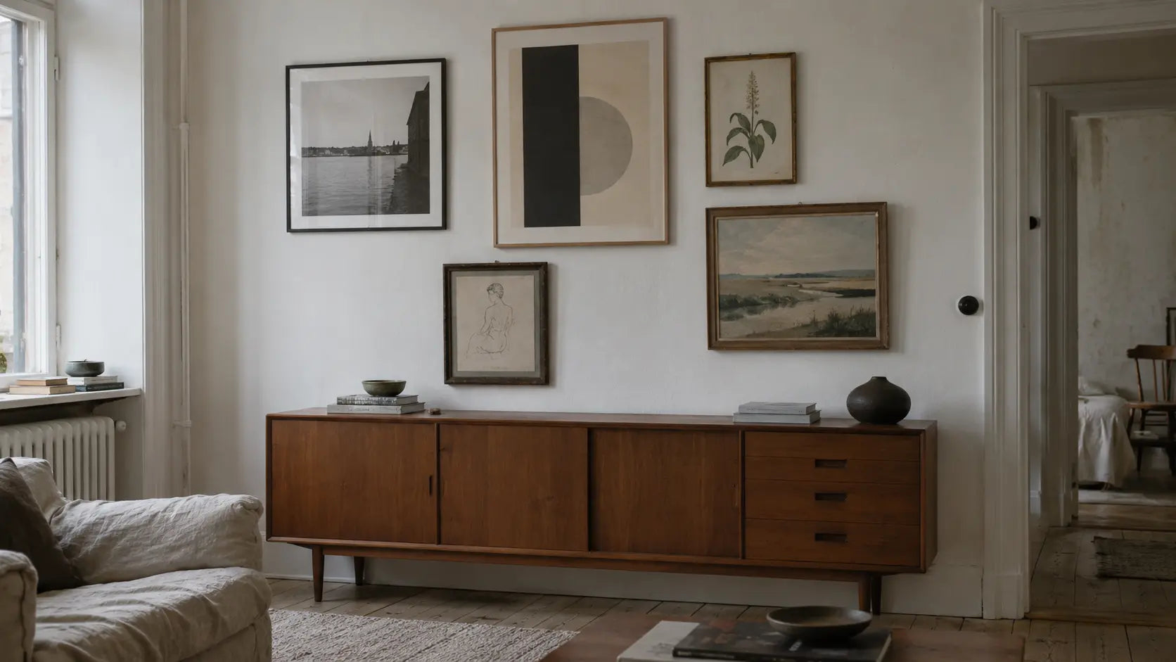 A collected gallery wall in a relaxed Scandinavian-inspired living room