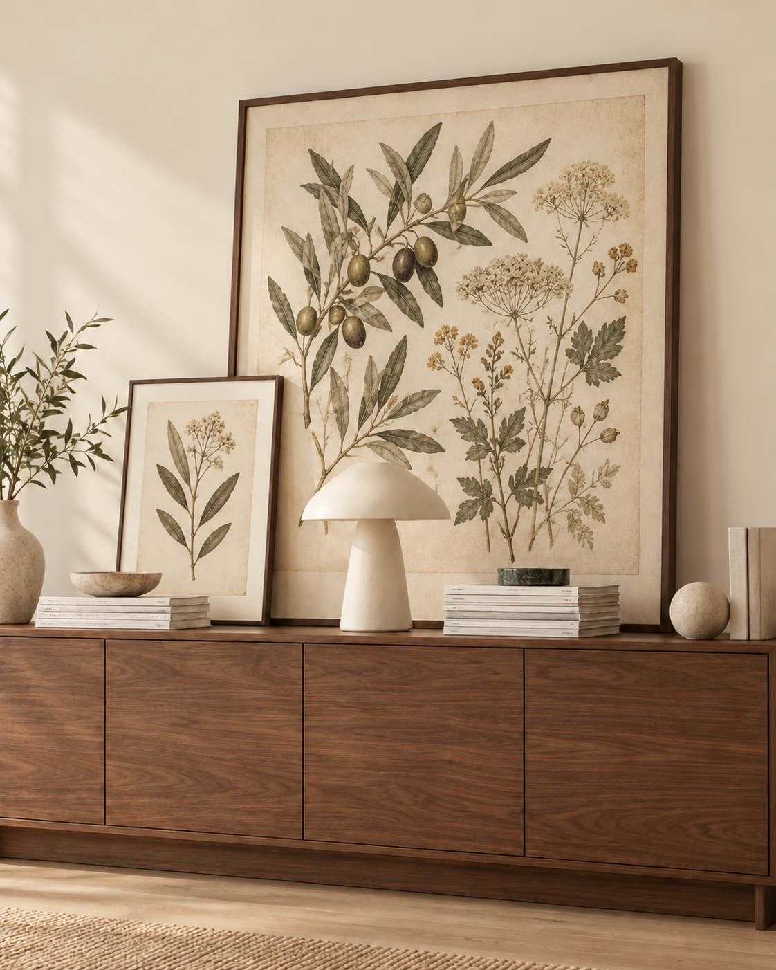 Antique botanical studies displayed in a warm interior