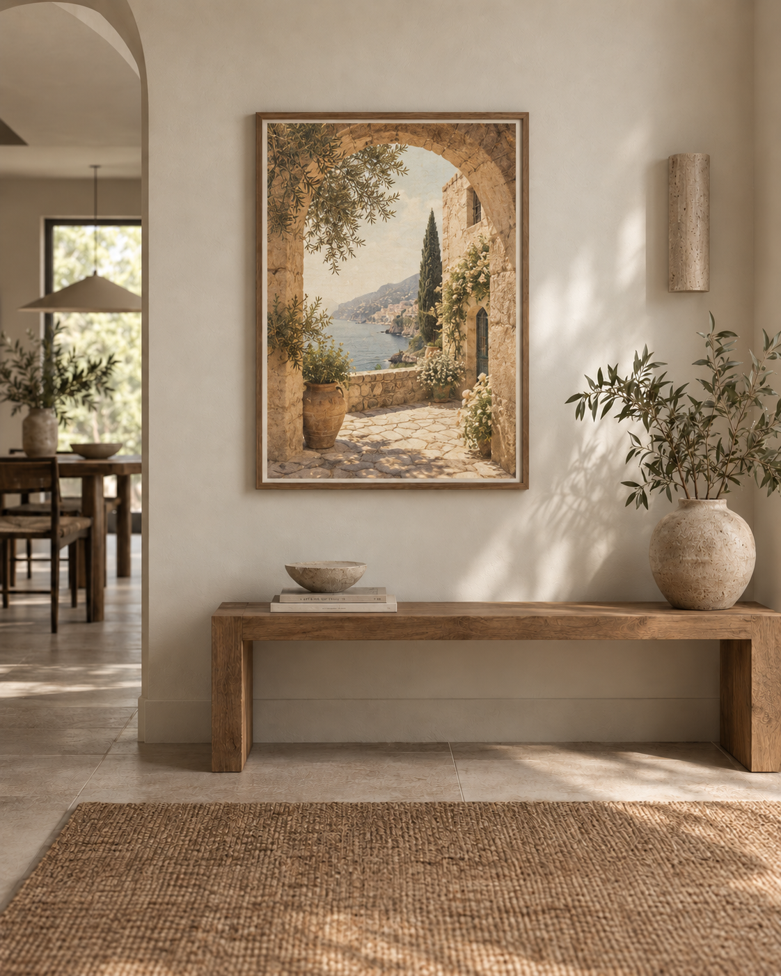 Mediterranean architecture artwork displayed in a warm interior