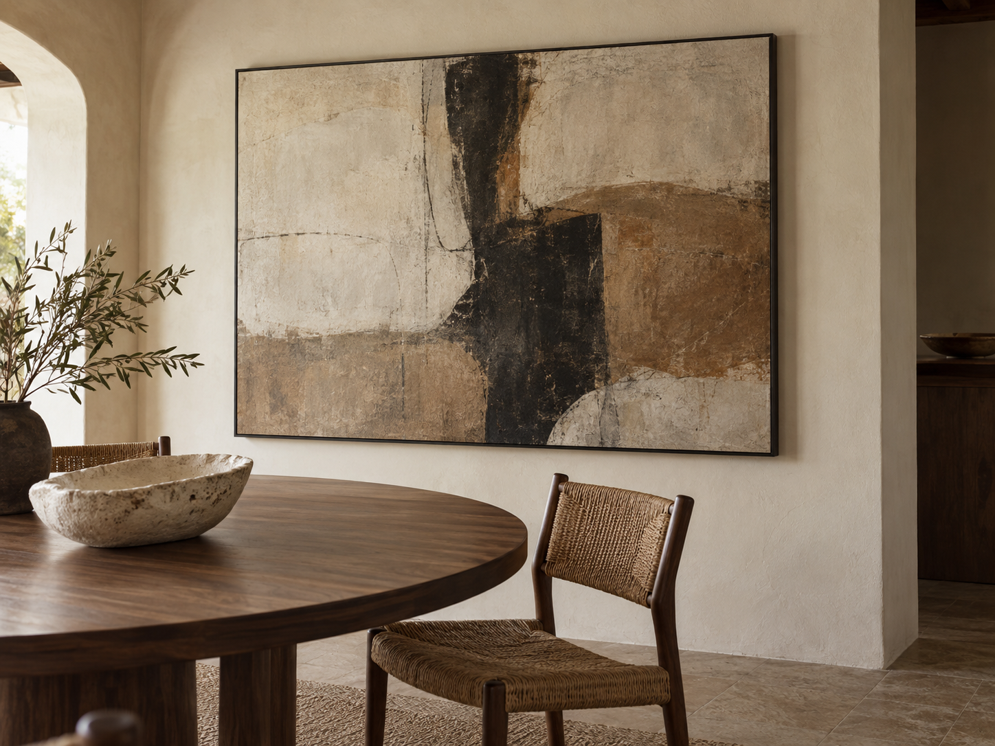 Earthy abstract artwork in a calm dining nook