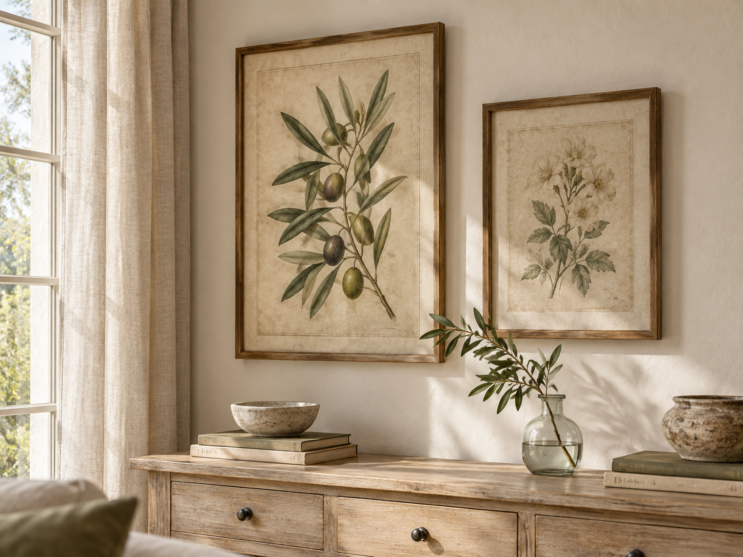 Antique botanical prints above a pale wooden console