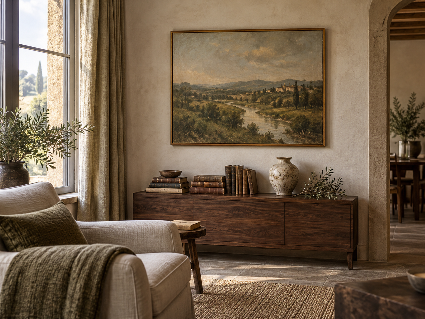 Landscape artwork above a walnut console in a warm reading corner